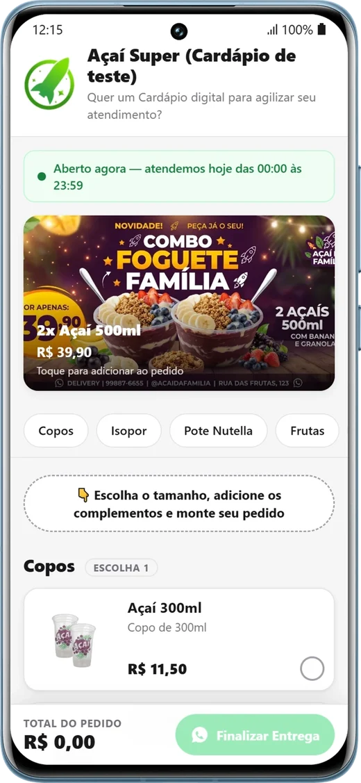 Cardápio digital de exemplo - Delivery de açaí