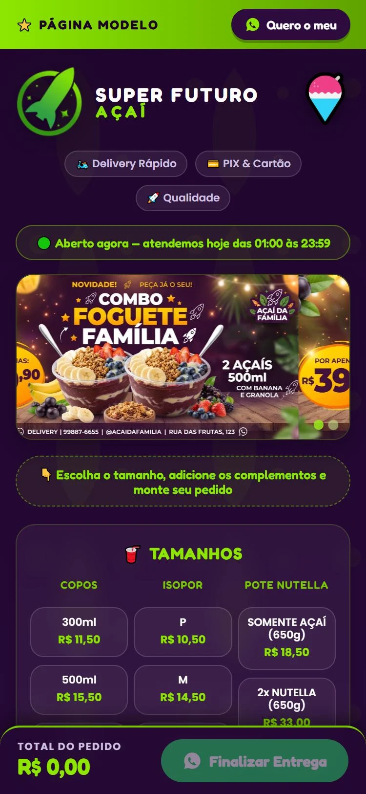 Cardápio digital de exemplo para delivery de açaí